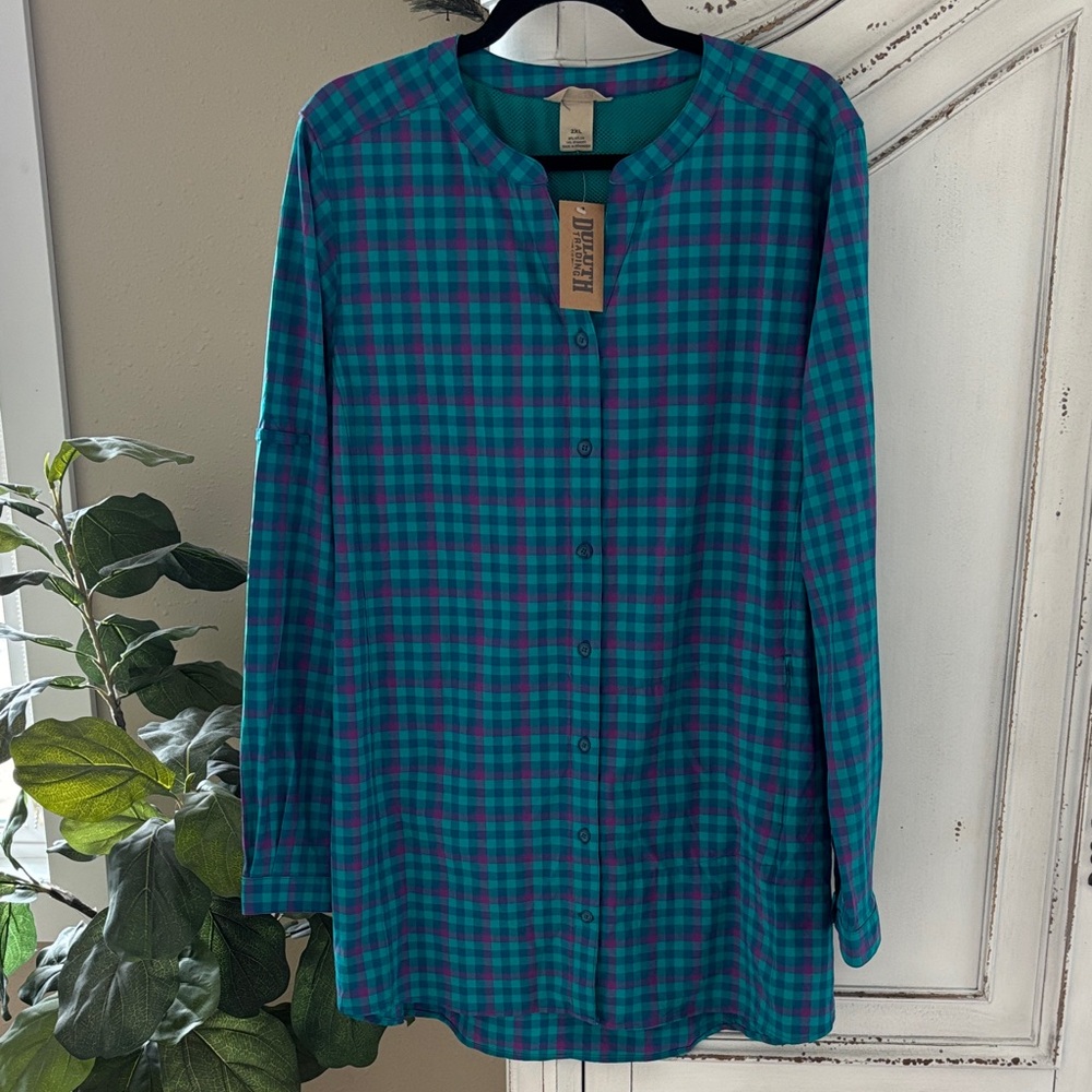 NWT Duluth Trading Womens Plaid Sidewinder Tunic Top Long Shirt Vented 2XL